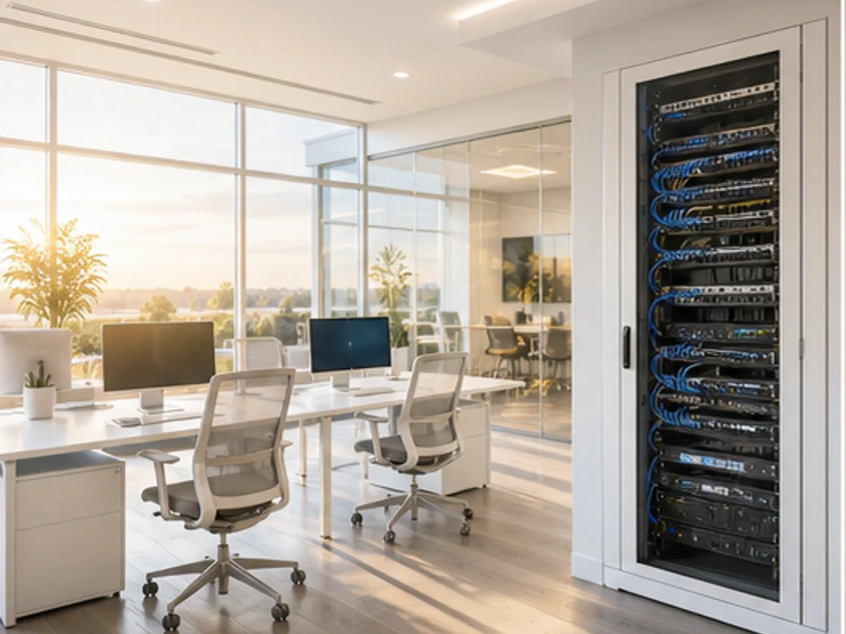 A bright office with clean network infrastructure in morning light.