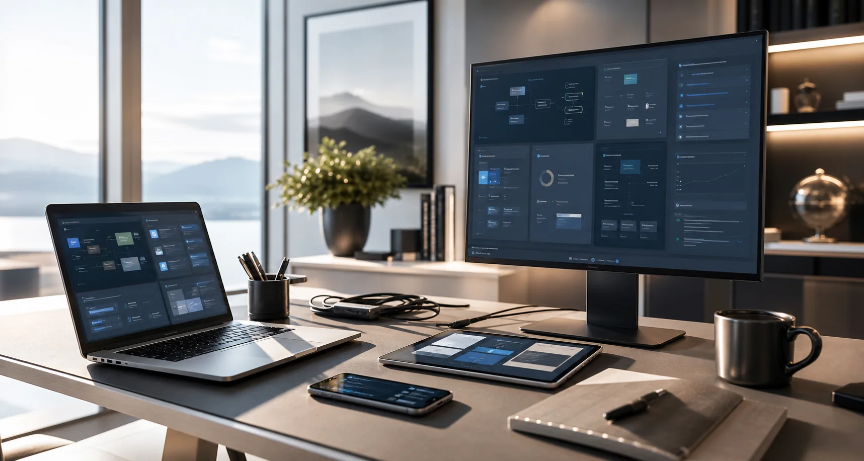 A bright custom application development workspace with software interfaces across a laptop, tablet, phone, and monitor.