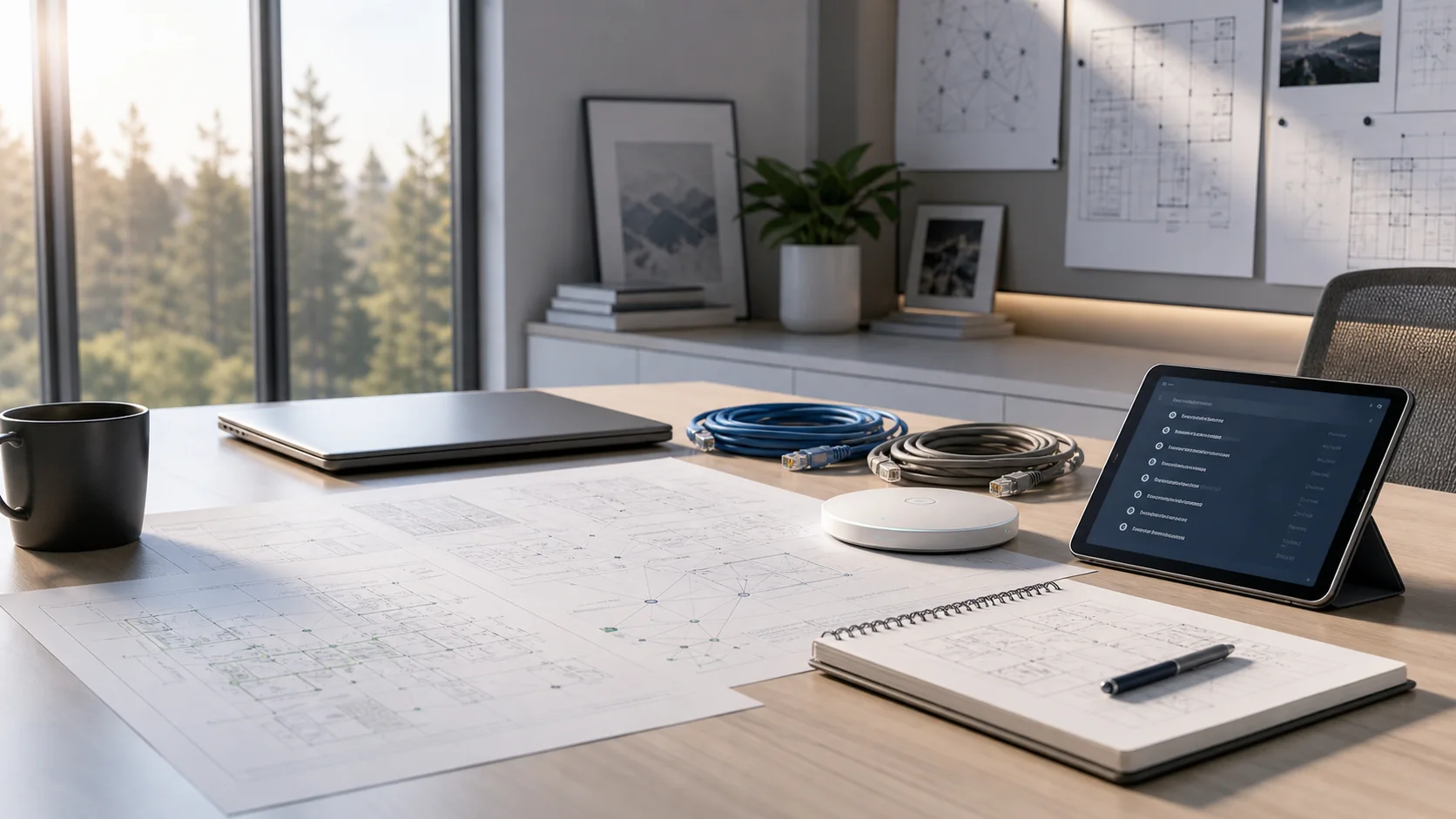 A bright planning workspace with network diagrams, devices, cables, and a tablet checklist.