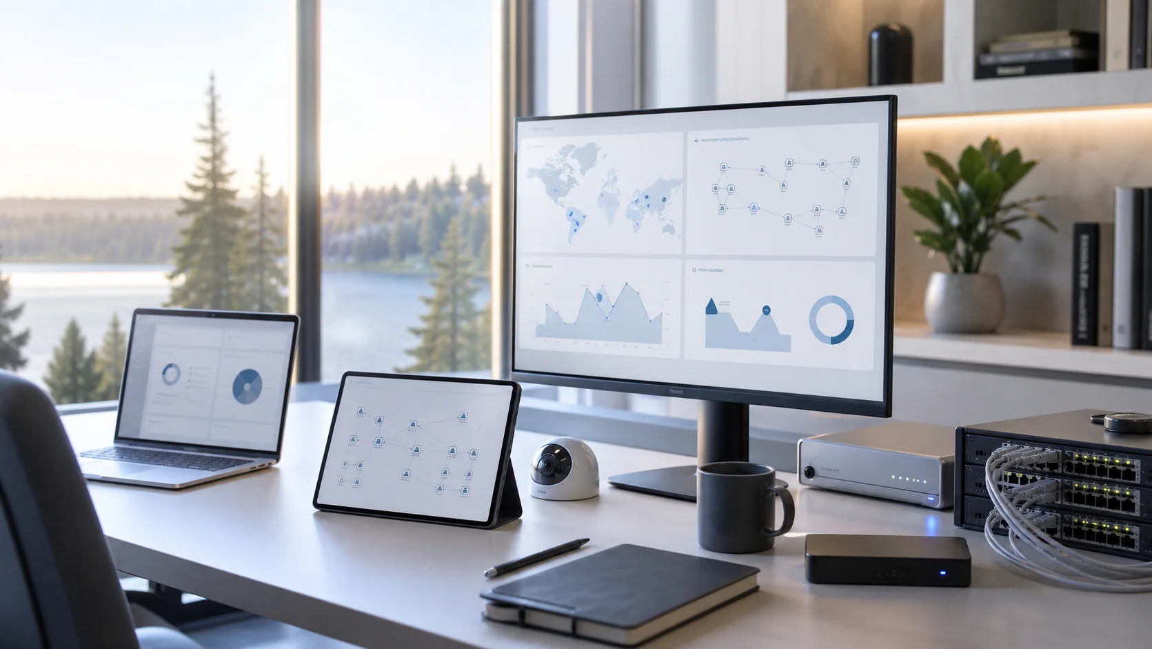 A bright connected technology workspace with application screens, network hardware, devices, and security infrastructure.