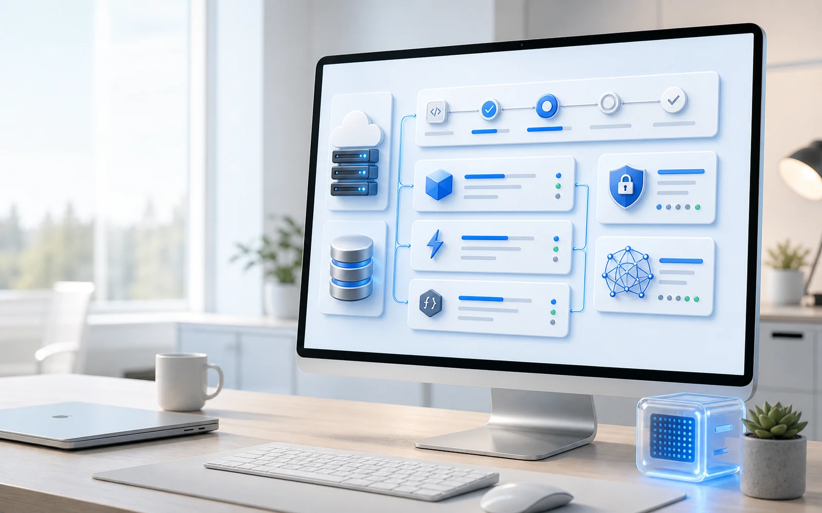A premium application platform workspace showing deployment pipelines, database, cloud infrastructure, security, and monitoring surfaces.