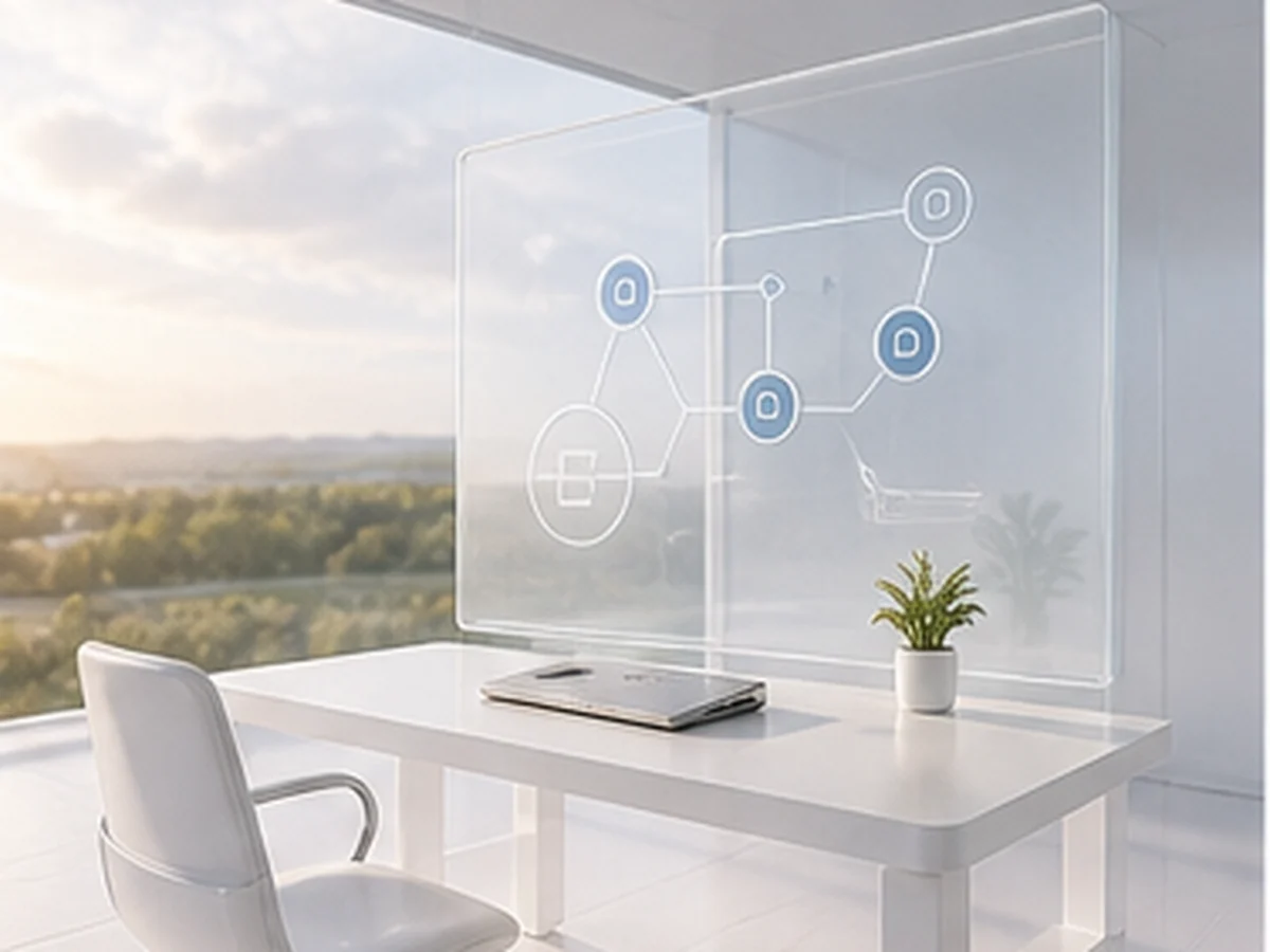 A premium IT consulting workspace with planning notes and calm operational systems.